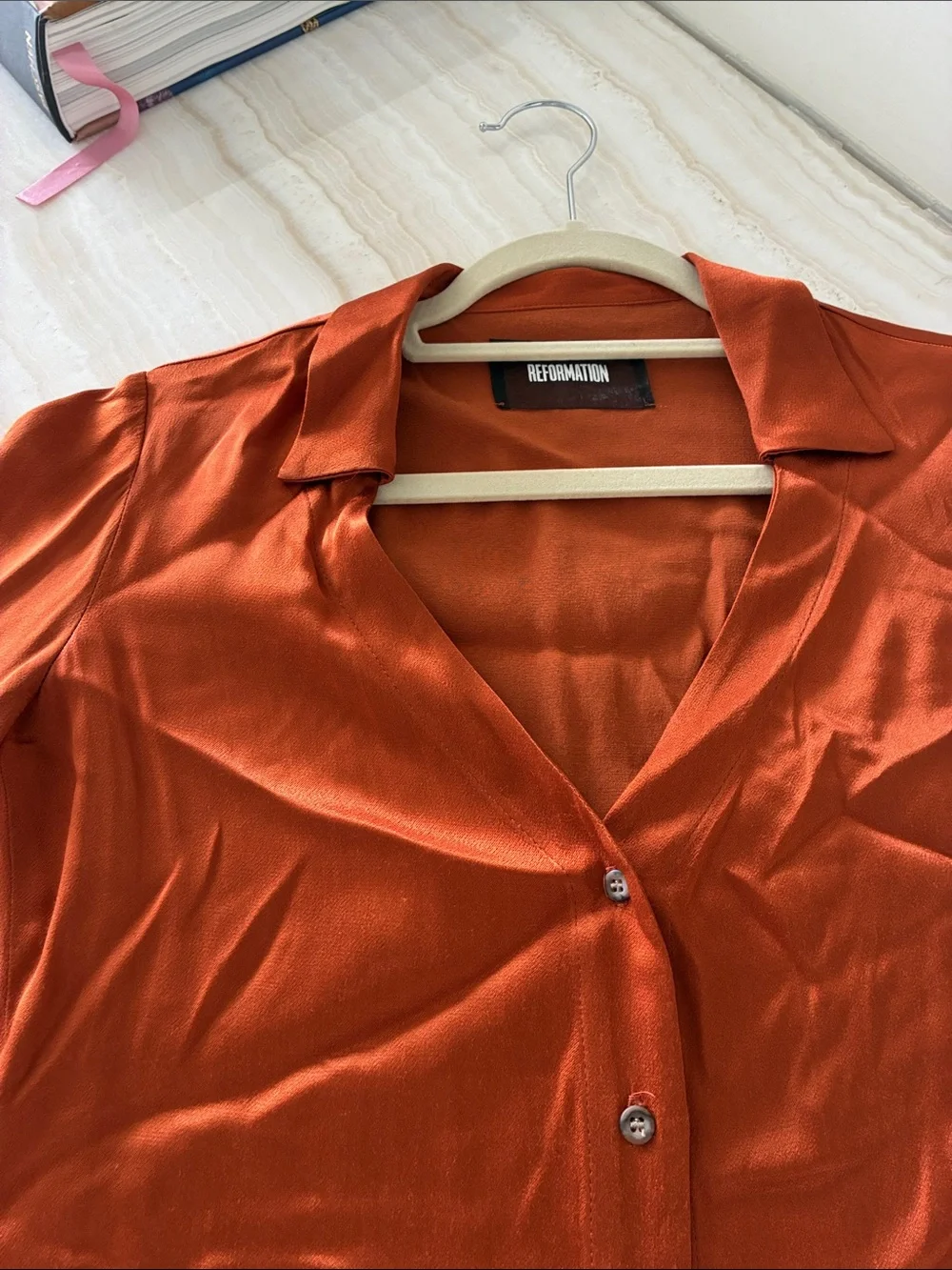 Reformation Burnt Orange Satin/ Silk Feeling Button-Down Shirt - Picture 8 of 9